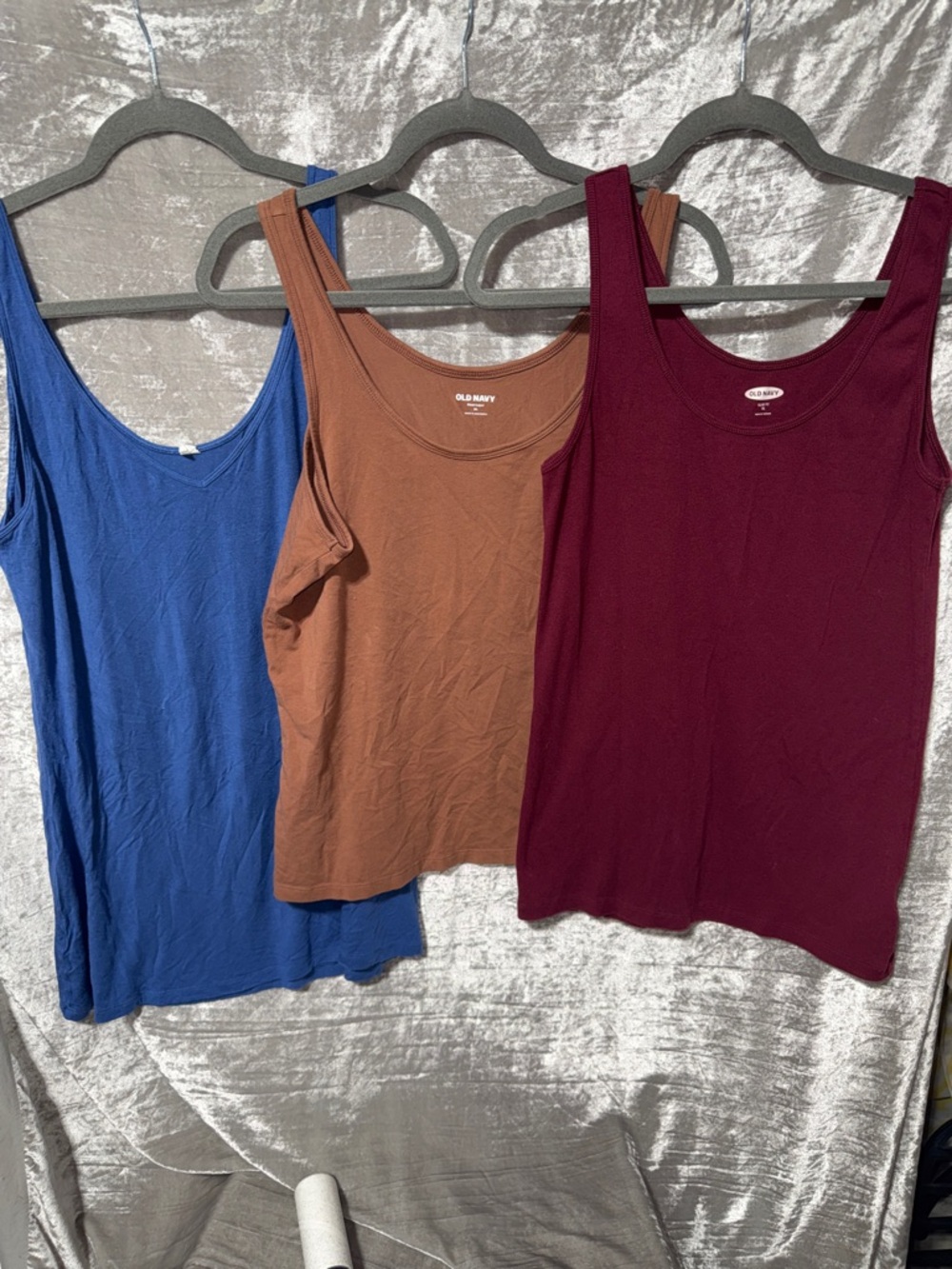 Old Navy Tank Top Trio — Blue, Brown, Burgundy